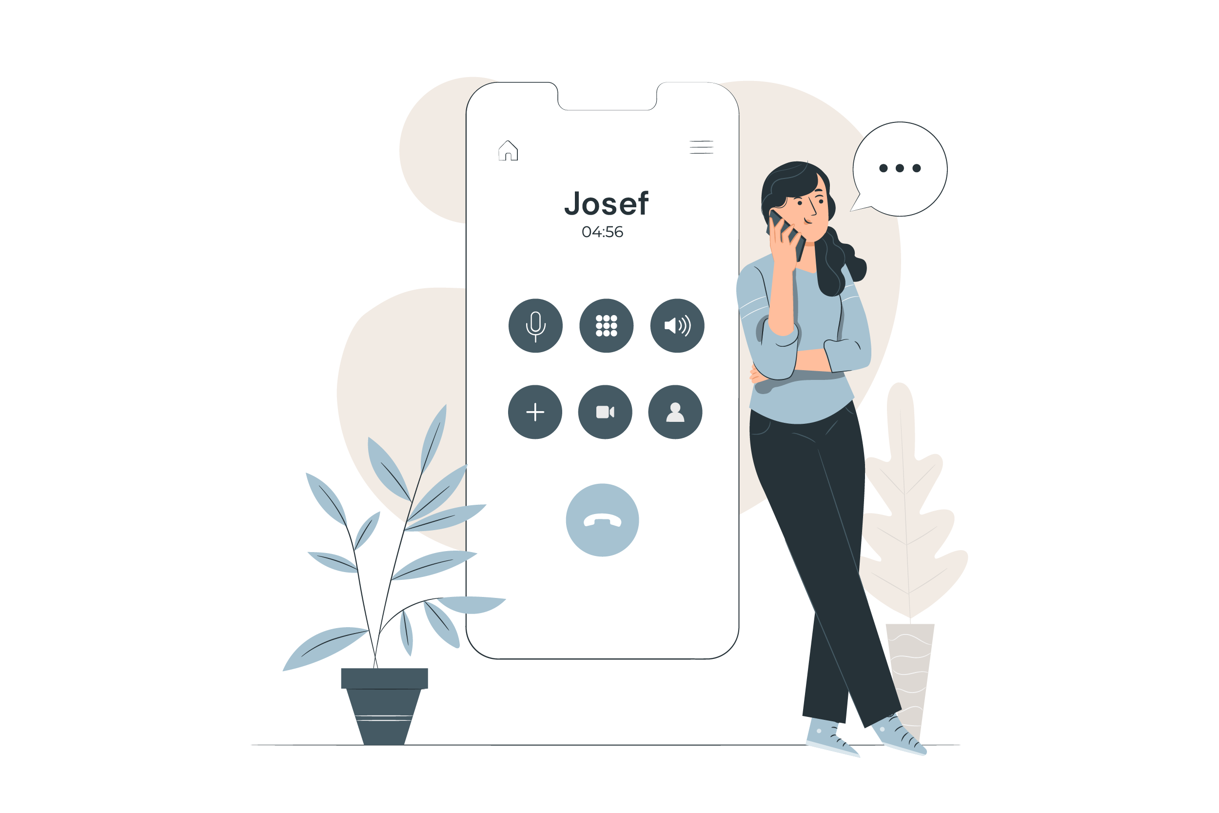 Illustration einer Person, die an ein großes Smartphone gelehnt telefoniert. Auf dem Display steht ein laufender Anruf mit „Josef“ und die Gesprächsdauer 04:56, daneben eine Sprechblase mit drei Punkten.
